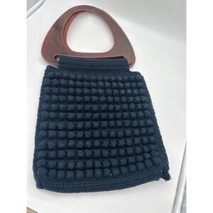 Vintage Crochet Bobble Handbag Wooden Look Plastic Handle Black Purse Boho Retro